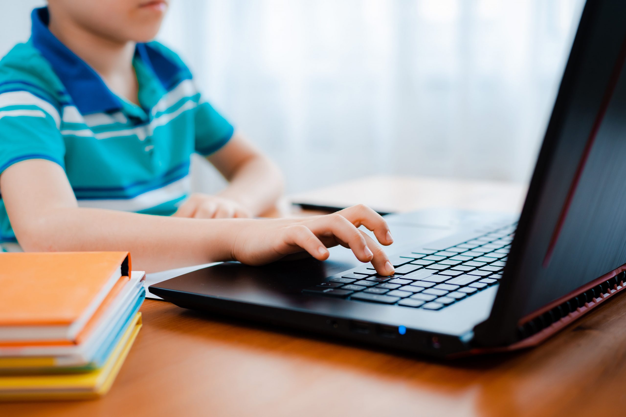 Younger student at desk on laptop.
