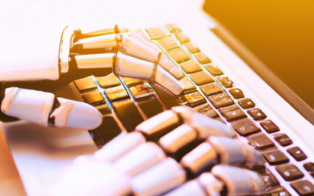 Robot with hands on laptop.