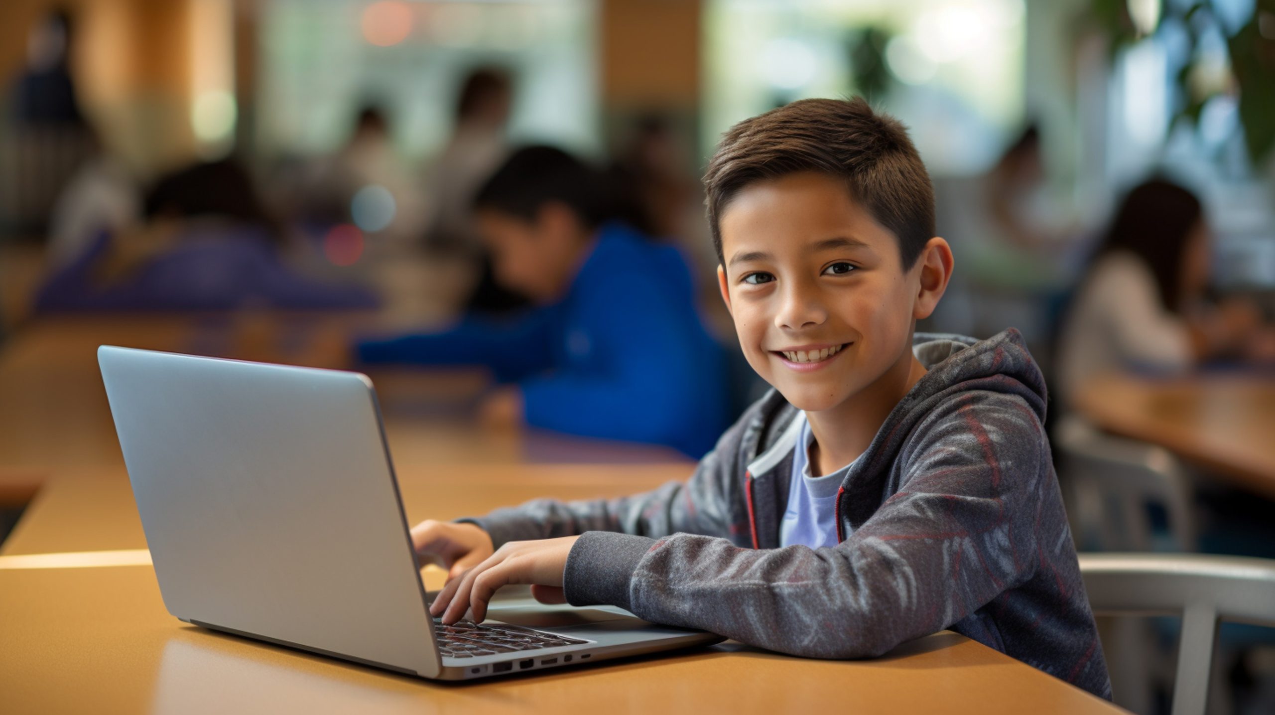 Young boy sitting at desk on laptop smiling.