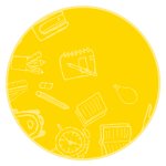 Yellow circle with school supply icons inside.