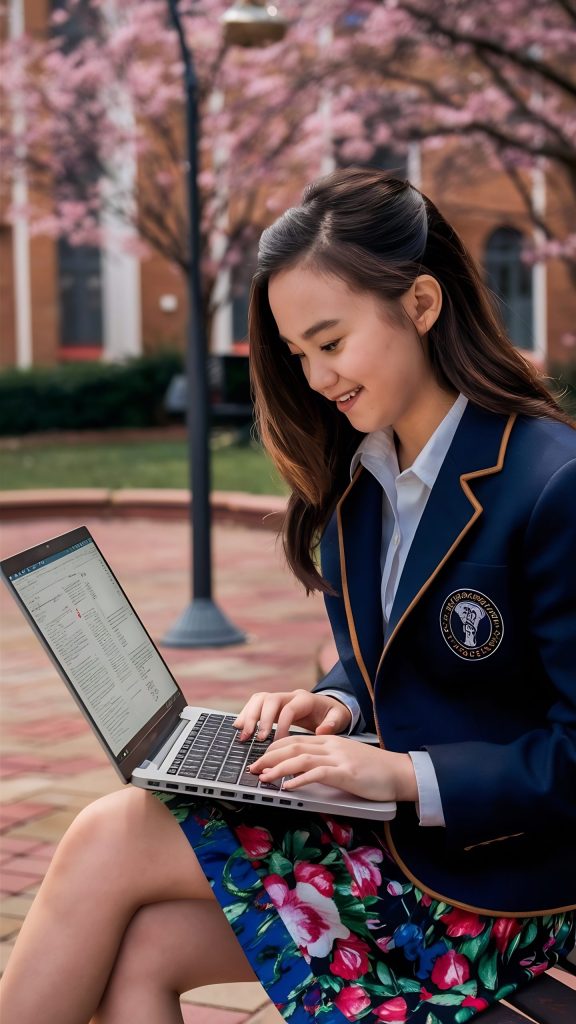 Older girl student sitting outside school campus working on laptop.