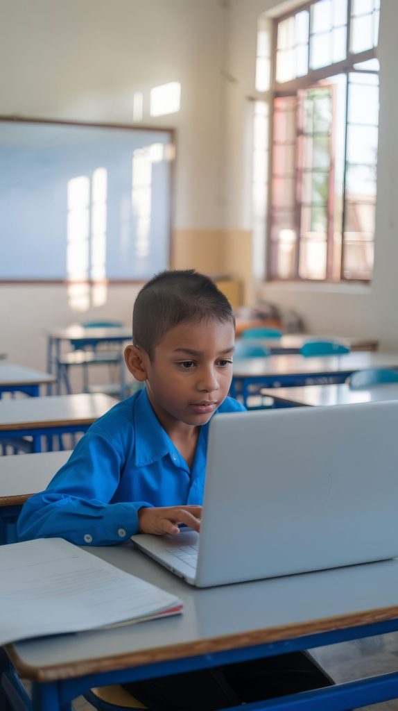 Young schoolboy sitting at a desk working on a laptop.